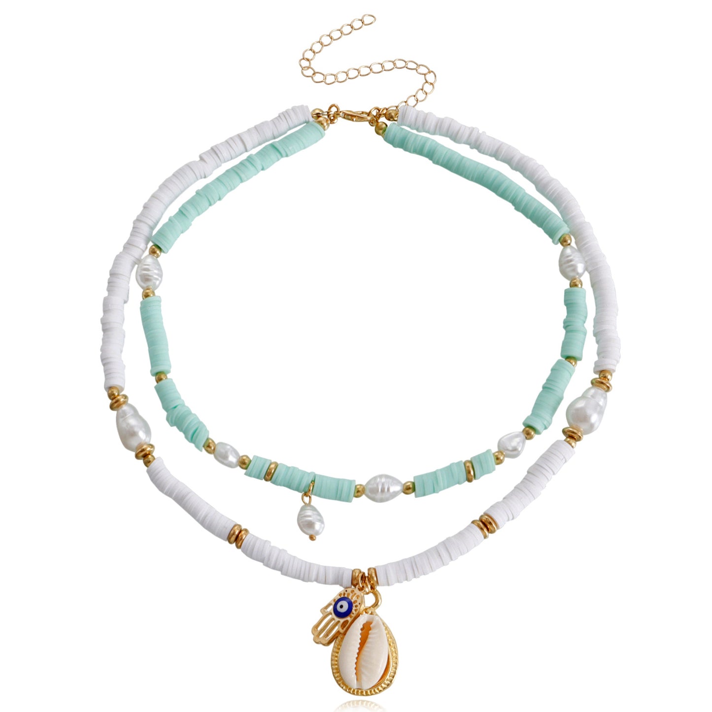 Bohemian Multilayer Polymer Clay Evil Eye Necklace for Women with Geometric Pendant, Alloy Chain, Electroplated Finish