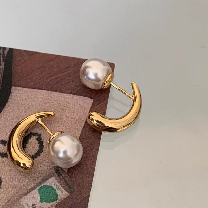 Vintage Geometric Metal Stud Earrings with Round Pearl Accents and Silver-Plated Posts for Women