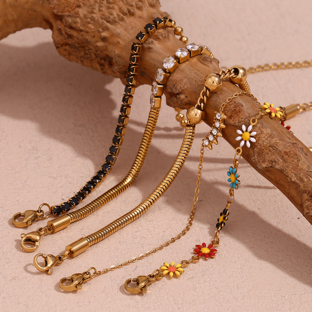 Bracciale da donna in acciaio inossidabile placcato oro 18 carati, con perline micro-incastonate e catena, stile geometrico alla moda