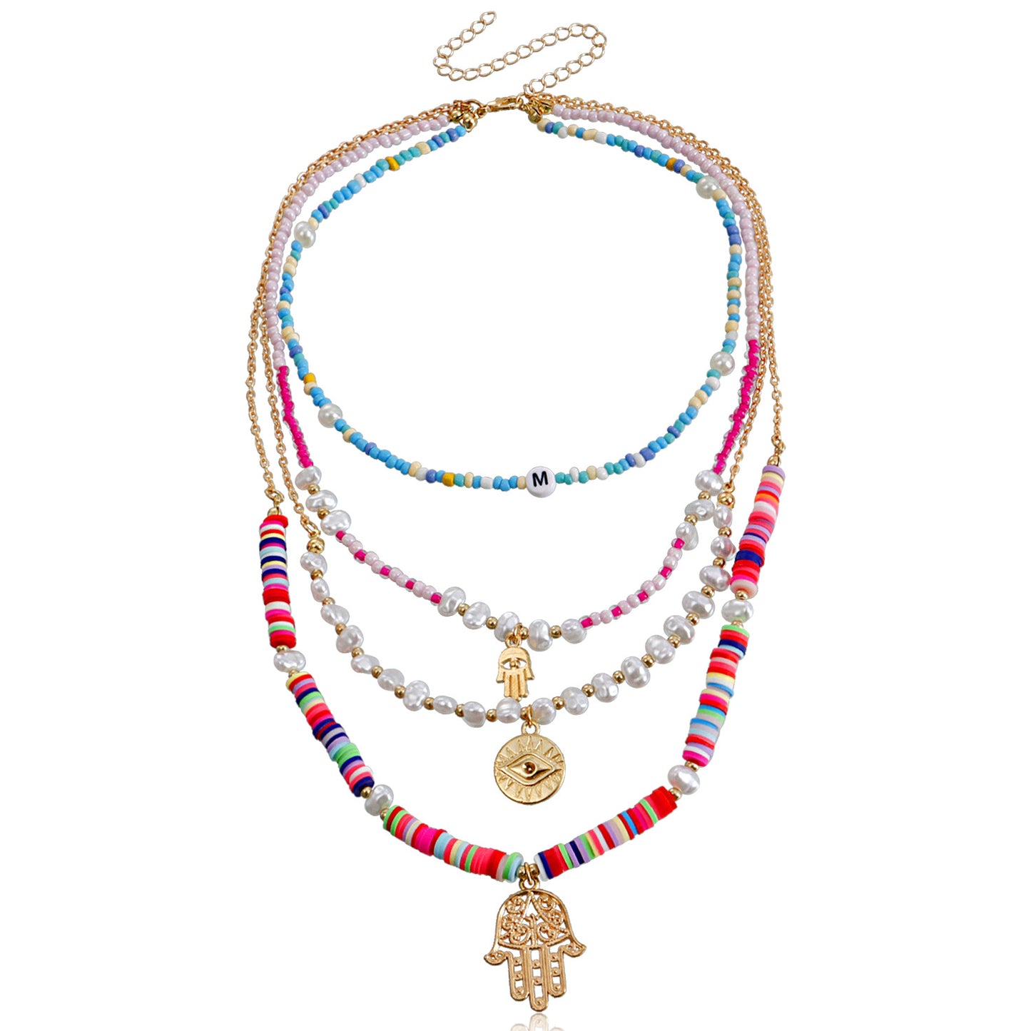Bohemian Style Hand of Fatima Pendant Necklace for Women with Alloy Base Electroplated Finish and Colorful Polymer Clay Beads