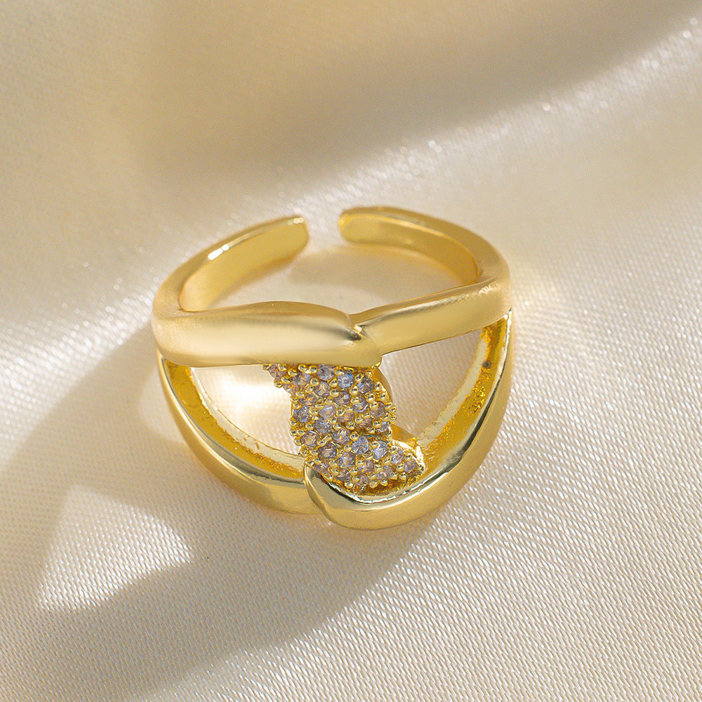 Luxury Minimalist Adjustable Open Ring for Women with Gold-Plated Copper Band and Zircon Stone Accent in Heart and Floral Shape