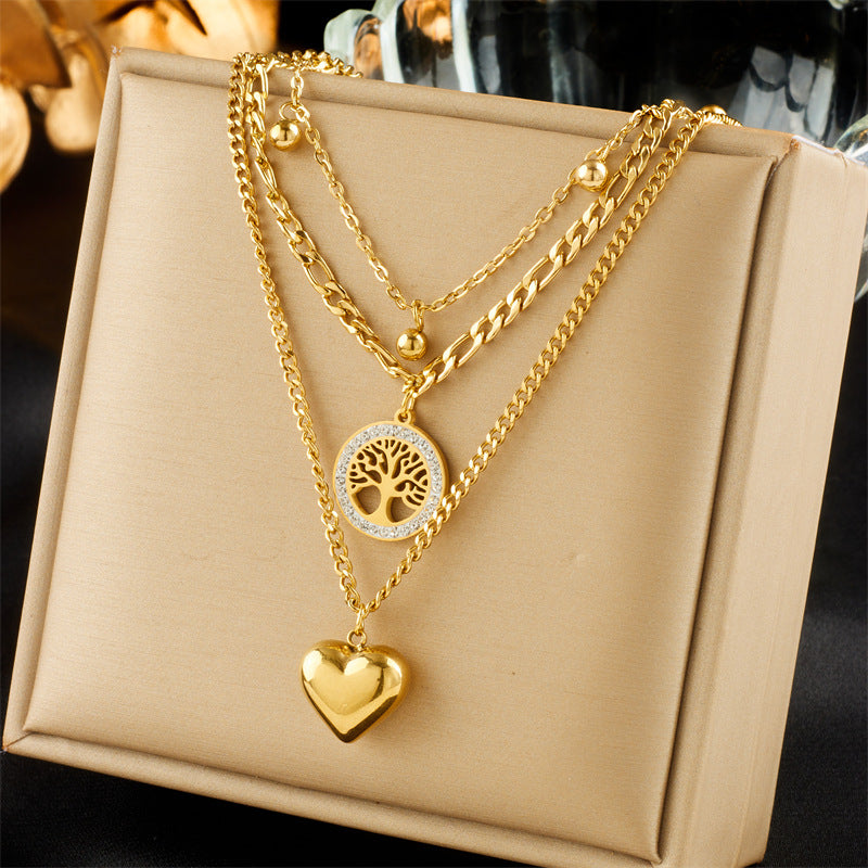 Vintage Luxury Gold Plated Heart Butterfly Round Stainless Steel Necklace with Pearl Multi-Layer
