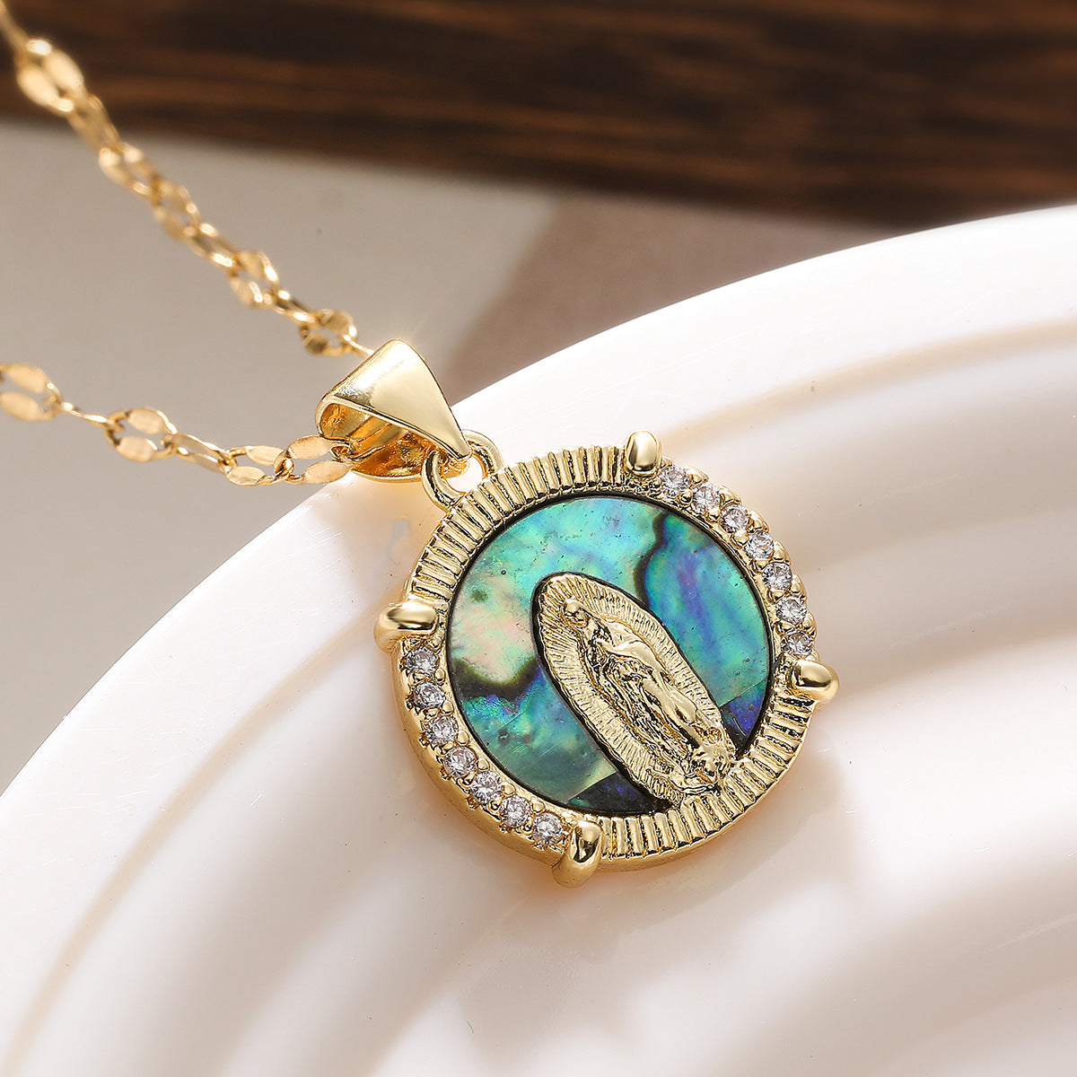 Vintage Minimalist Brass Gold Plated Geometric Virgin Mary Pendant with Cubic Zirconia