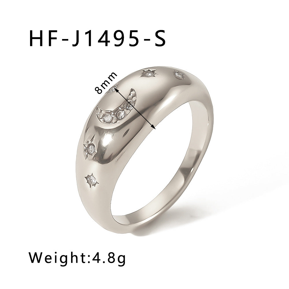 Anello con Ciondolo a Luna e Stella Geometrico Minimalista in Acciaio Inossidabile con Intarsio di Zirconi e Placcatura in Oro 18K da Donna