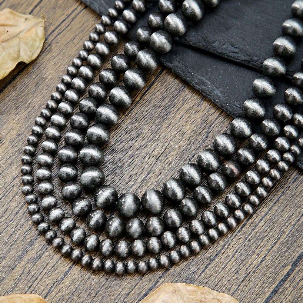 Vintage Western Geometric Brushed Stainless Steel Beaded Necklace with Imitation Pearl and Black Flash Beads