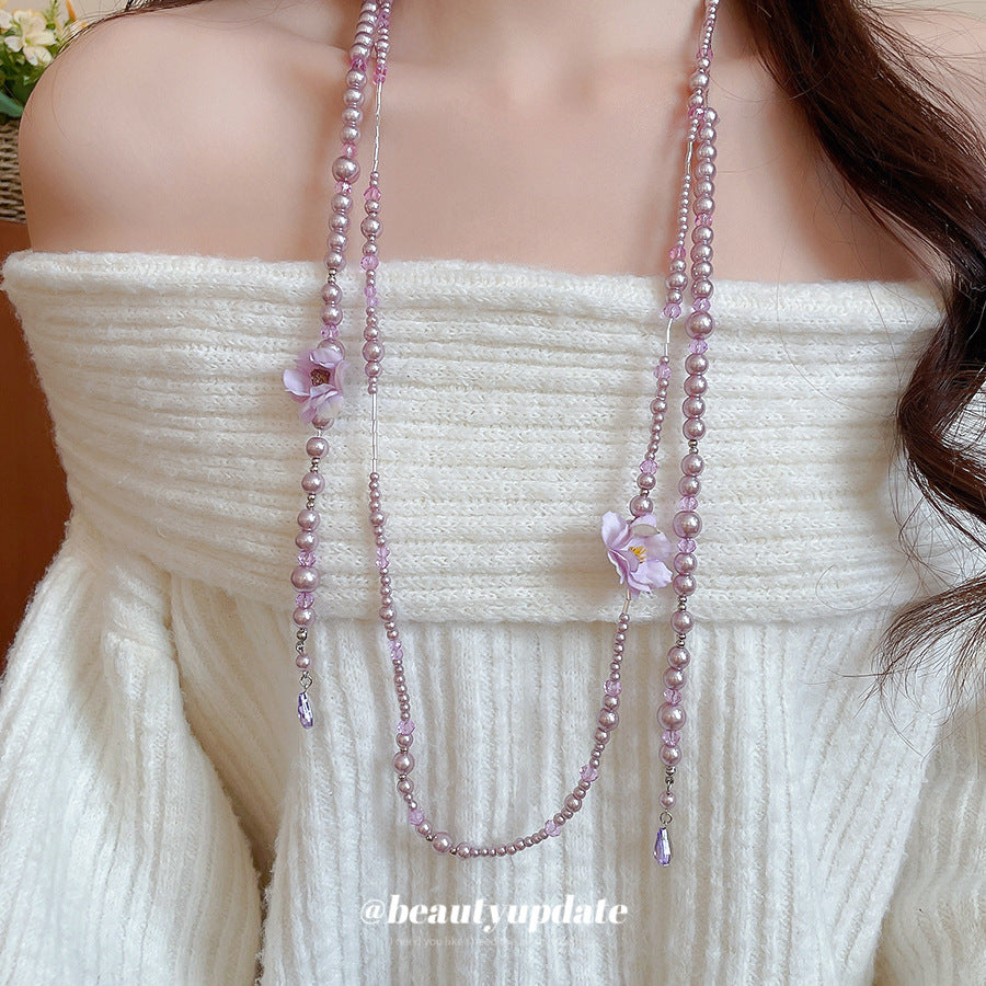 Elegante collar de perlas con flor de tela de estilo francés para mujer con colgante de aleación chapada, delicada cadena para suéter de uso diario