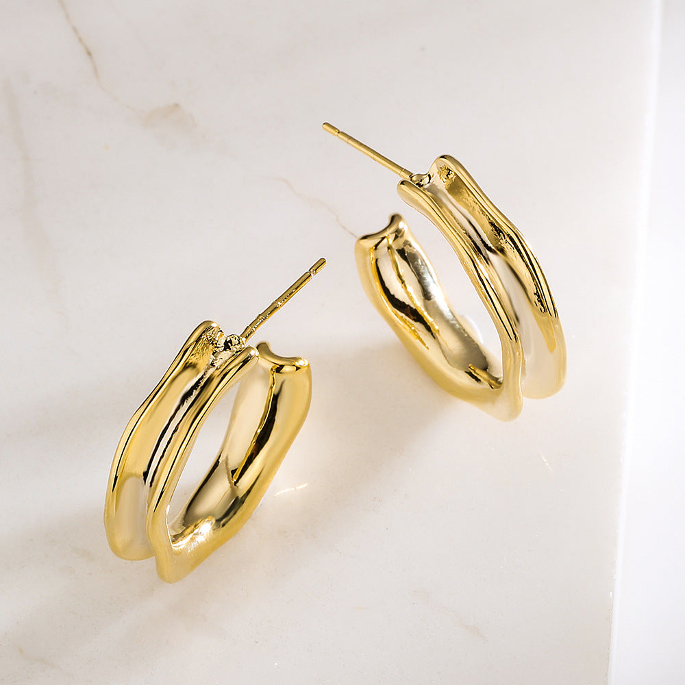 Minimalist Geometric C-Shaped Copper Earrings for Women with Gold Plating Hip-Hop Design