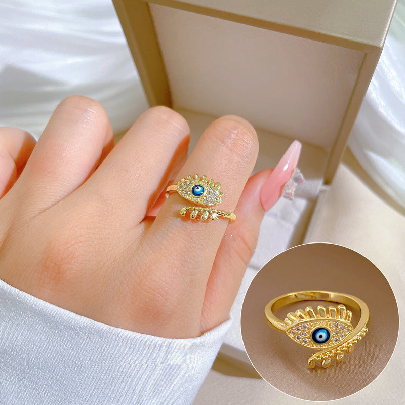 Minimalist Sweet Gold Plated Brass Eye Ring with Rhinestones Adjustable Open Band for Couples