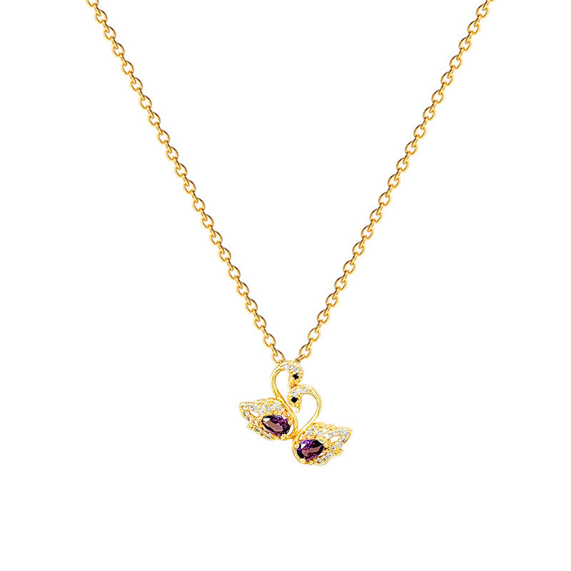 Collana con ciondolo cigno e anatra mandarina in stile cartone animato in acciaio al titanio con intarsio di strass per uomo e donna