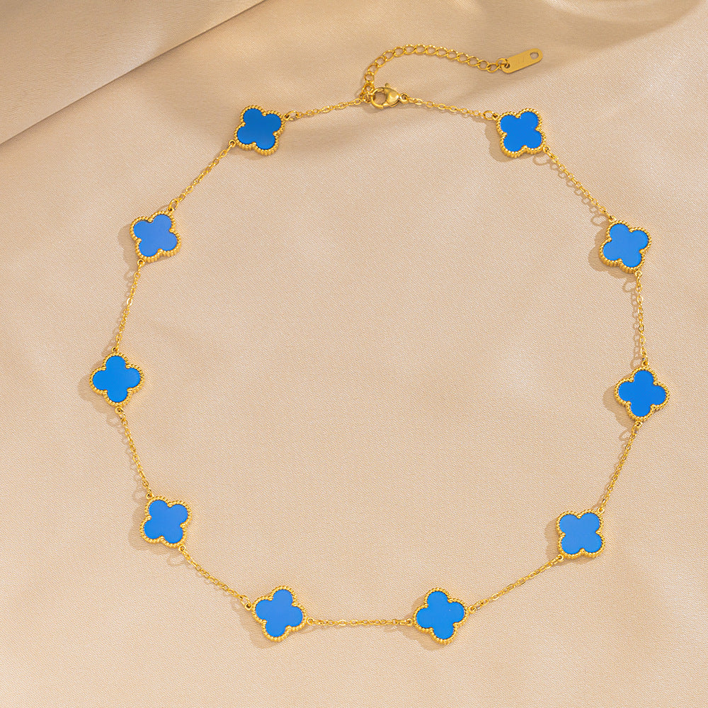 Luxury 18K Gold Plated Titanium Steel Four-Leaf Clover Double-Sided Shell Necklace for Women