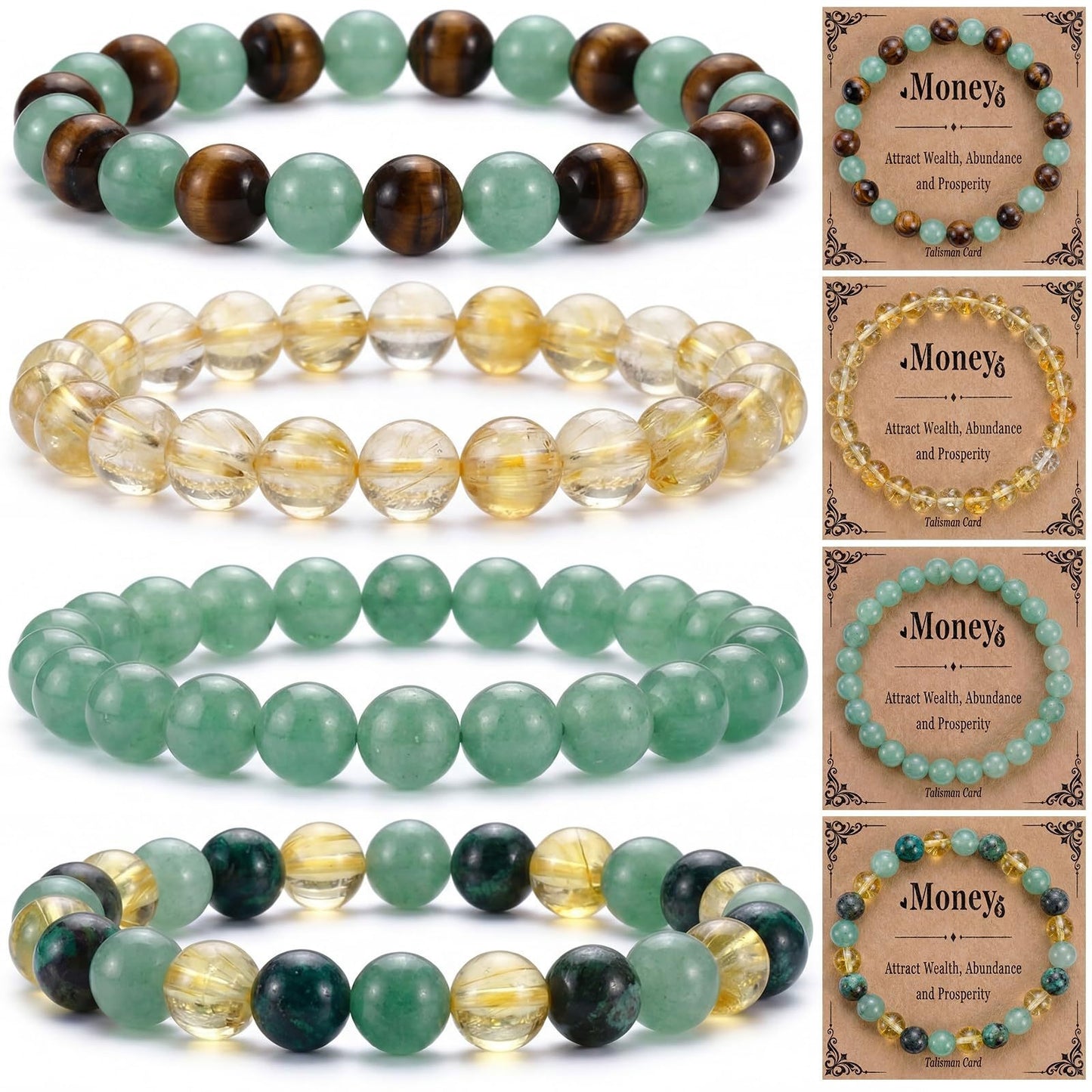 Natural Tiger's Eye and Citrine Geometric Round Beaded Bracelet Unisex Good Luck Charm