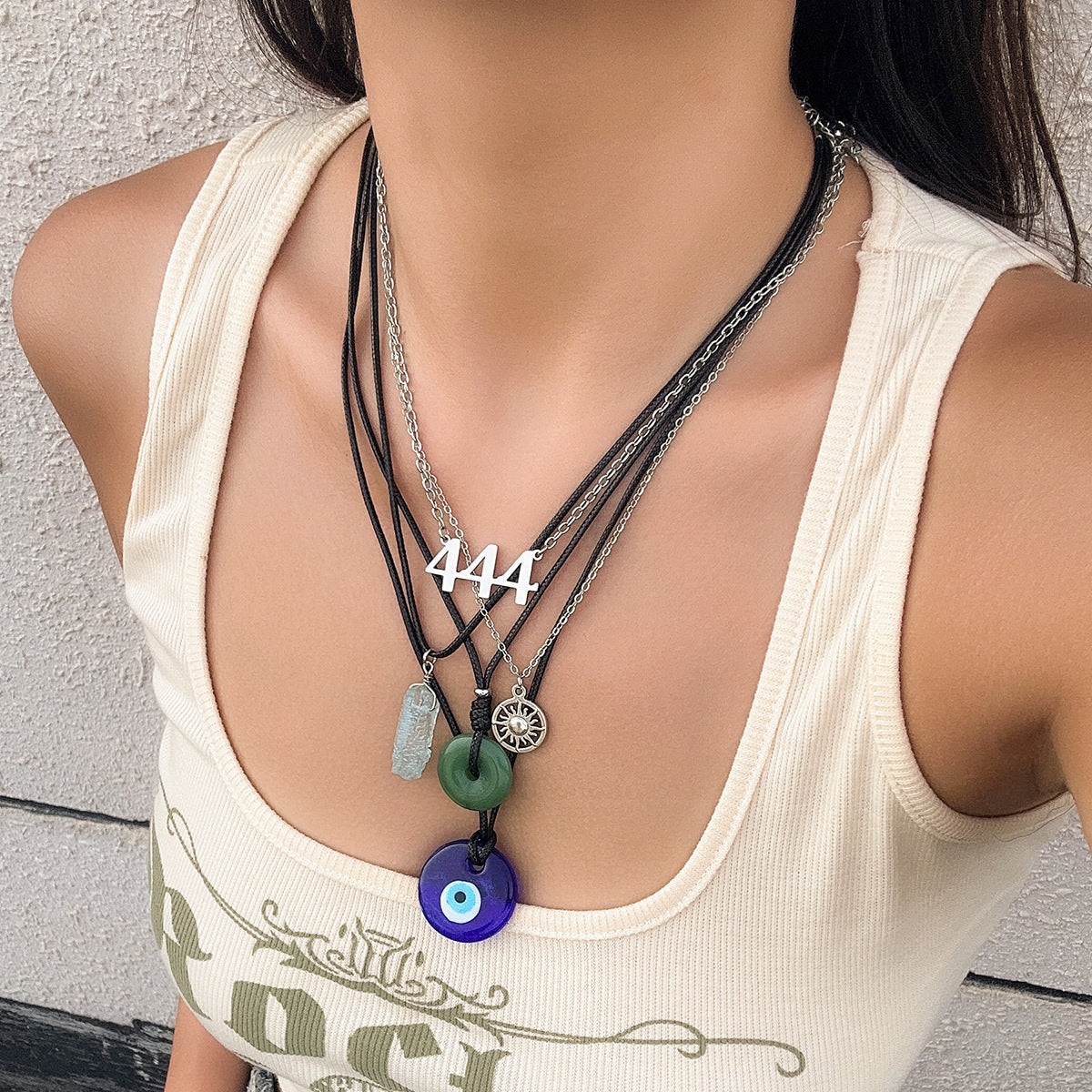 Collana Pendente Occhio di Allah Vintage Turchese da Donna con Perle in Lega e Cordino Cerato a Forma Geometrica