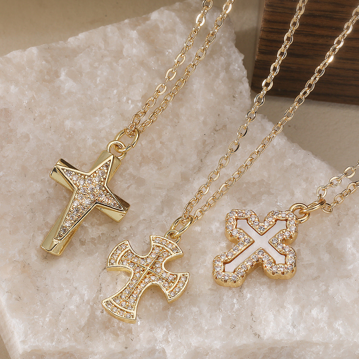 Minimalist 18K Gold Plated Brass Cross Pendant with Cubic Zirconia for Women
