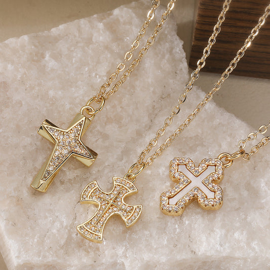 Minimalist 18K Gold Plated Brass Cross Pendant with Cubic Zirconia for Women
