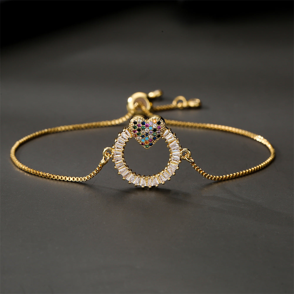Gold Plated Geometric Brass Box Chain Bracelet with Micro-Inlaid Cubic Zirconia for Women