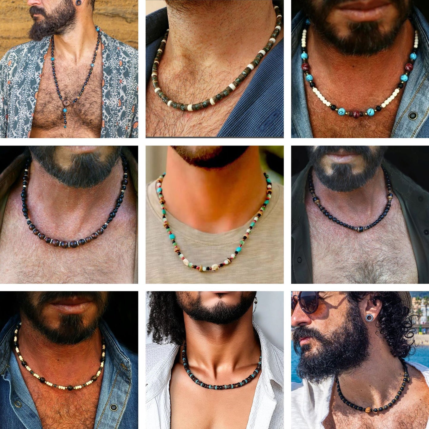 Bohemian Geometric Wood Beaded Necklace with Turquoise Inlay Cable Chain Unisex