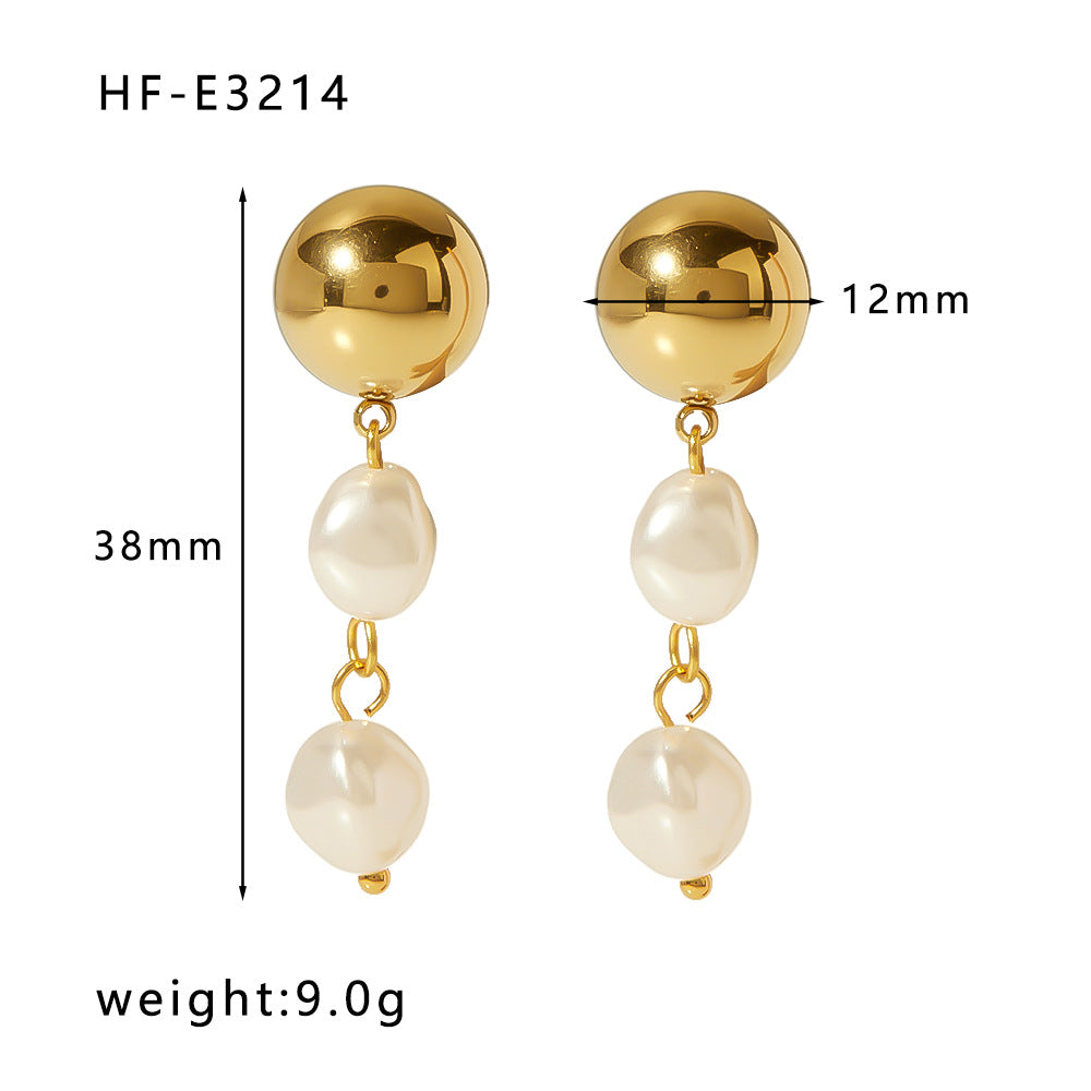 Elegant Baroque-Style Geometric Freshwater Pearl Earrings in Titanium Steel with 18K Gold Plating for Women
