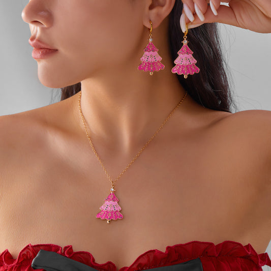 Christmas-Themed Snowman Earrings and Pink Christmas Tree Necklace Set with Hollow-Out Design, Zinc Alloy, Electroplated Finish, O-Chain, for Women