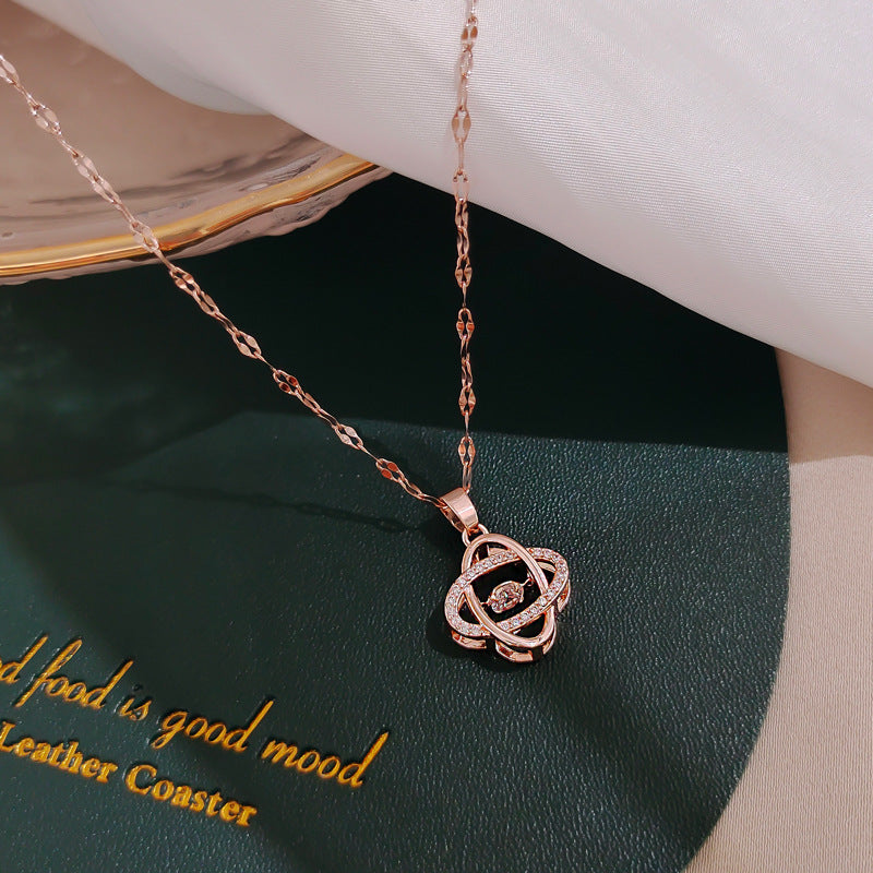 Minimalist Geometric Titanium Steel Necklace with Gold Plated Brass Pendant and Rhinestone Inlay