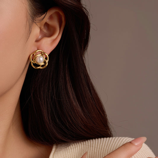 Vintage Style Hollow Flower-Shaped Stainless Steel Earrings with Freshwater Pearl Inlay and 18K Gold Plating