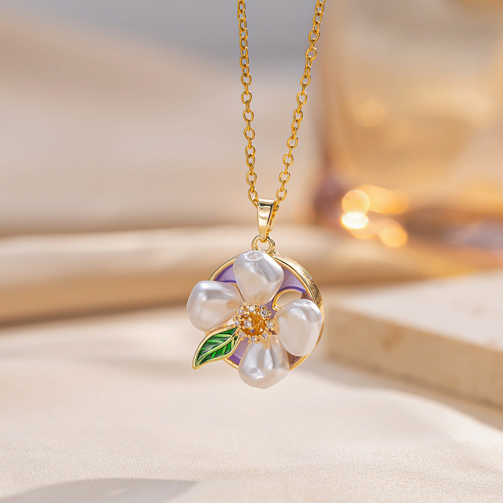 Vintage French Style Enamel Floral Pendant Necklace in Titanium Steel with Baroque Freshwater Pearl and Hand-Painted Colorful Flower Design