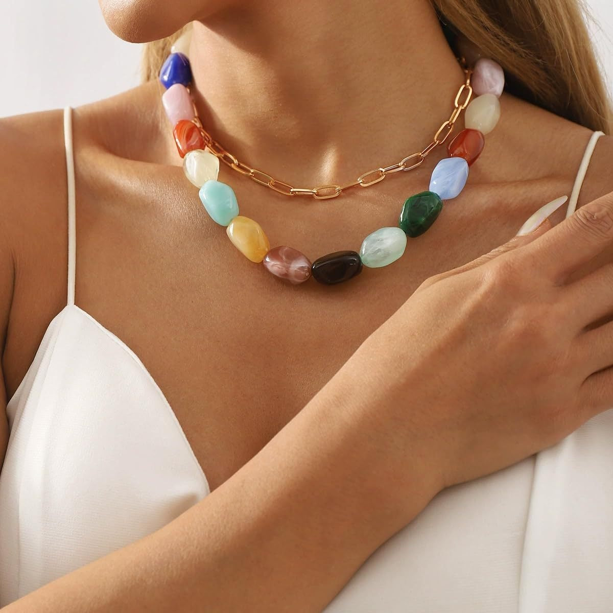 Casual Geometric Oval Resin Beaded Necklace Unisex Cable Chain