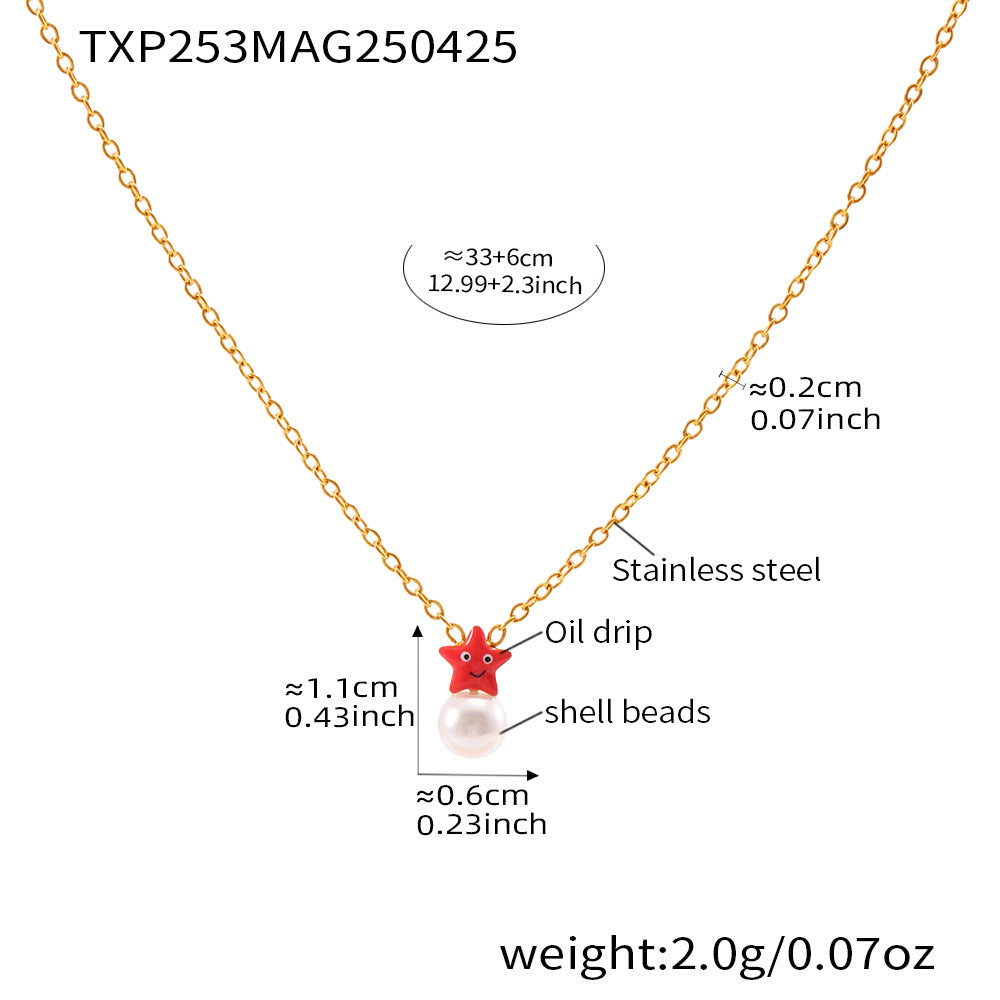Conjunto de collar, pulsera, pendientes y anillo de perlas de estrella de mar a la moda para mujer, colgante de acero inoxidable con acabado chapado