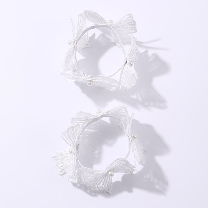 Set di elastici per capelli con fiocco a farfalla per bambini, con perle ricamate e passamaneria in pizzo di organza bianca