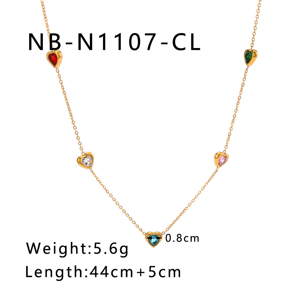 Minimalist Heart-Shaped Titanium Steel Necklace with 18K Gold Plating and Colorful Rhinestone Inlay on O-Chain