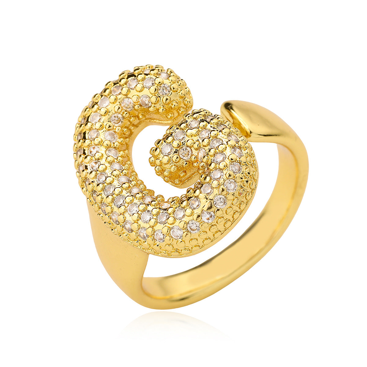 Minimalist Geometric Letter Zirconia Ring for Women in Copper with Gold Plating and Micro-Pavé Setting
