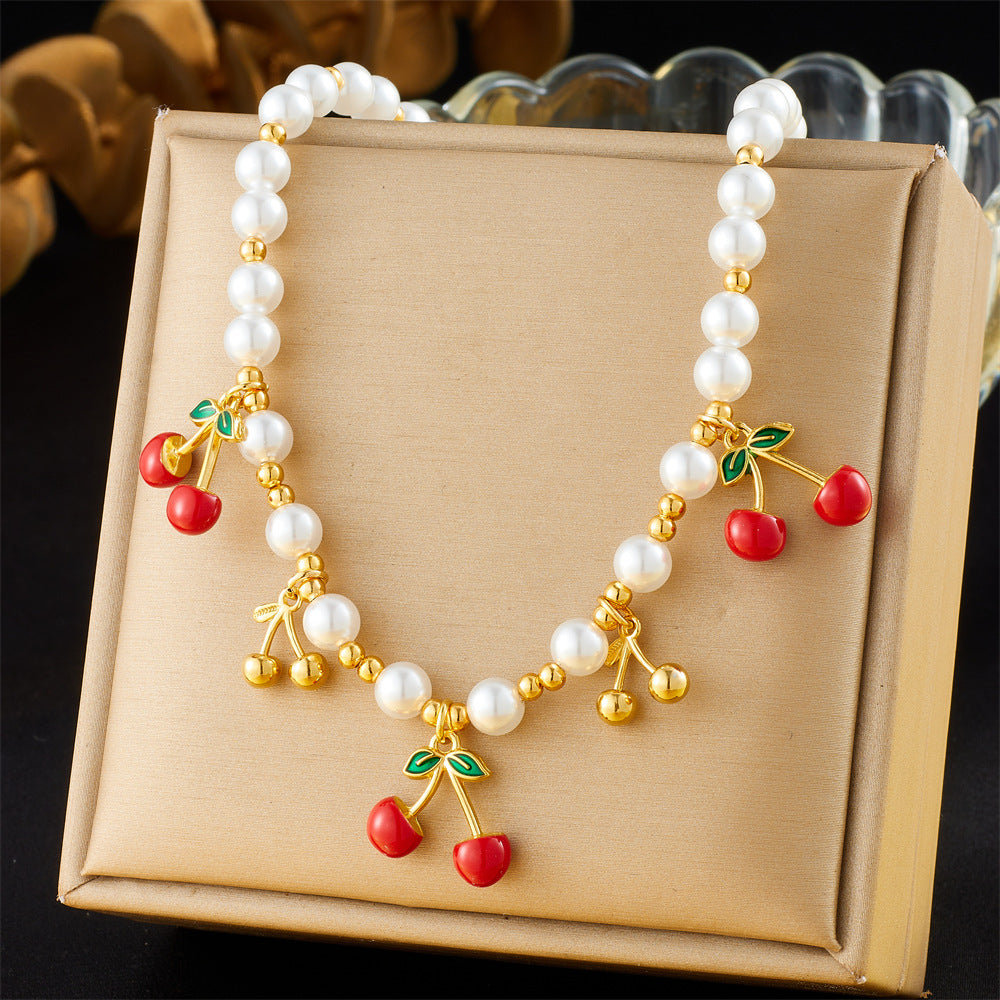 Cherry-Shaped Enamel Pendant Necklace for Women with Stainless Steel Chain Fresh Sweet Everyday Choker