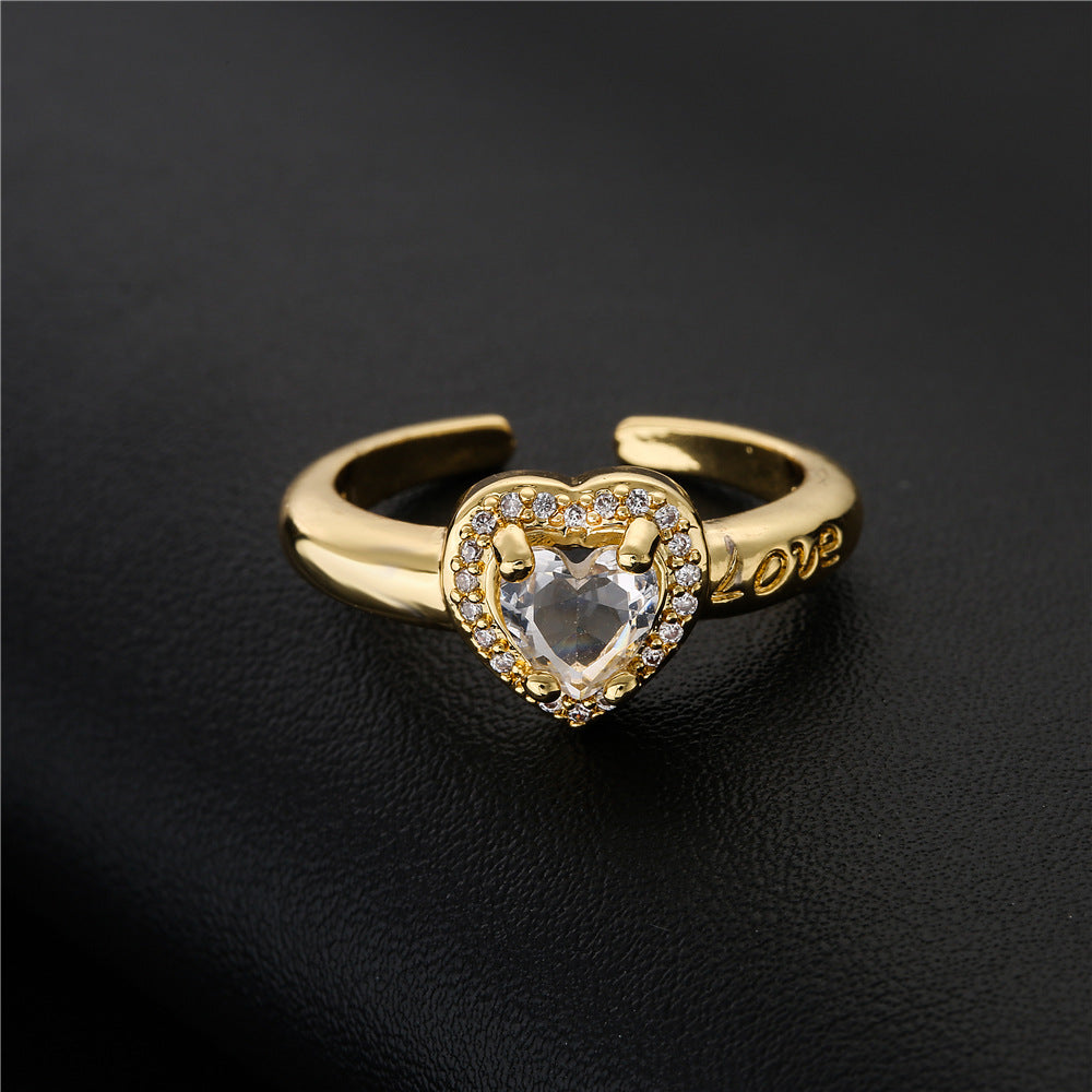 Gold Plated Brass Micro-Inlaid Cubic Zirconia Heart Geometric Ring for Women