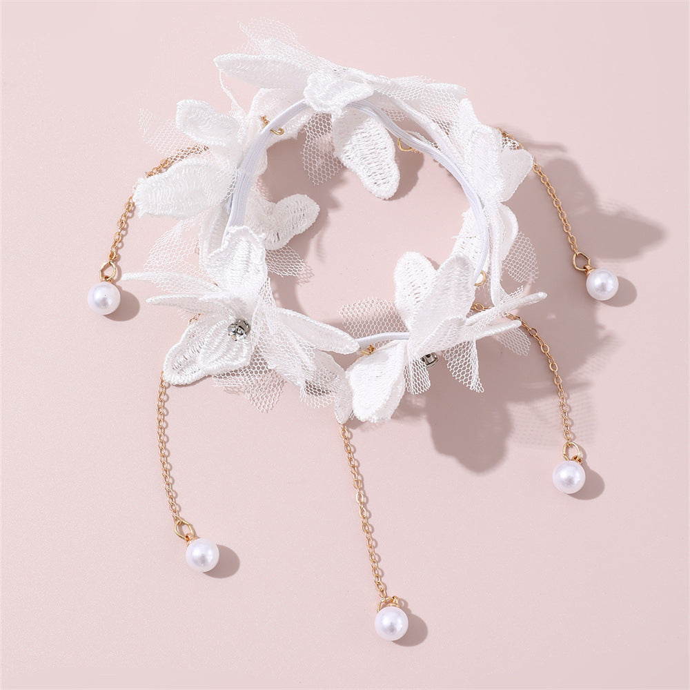 Anello per Capelli per Bambini con Fiori, Perle, Pizzo e Nappe