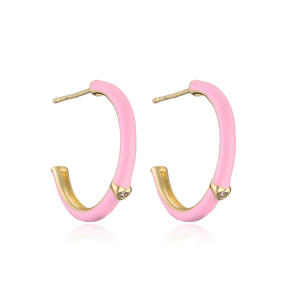 Minimalist Geometric C-Shaped Earrings for Women in Copper with Micro-Pave Finish