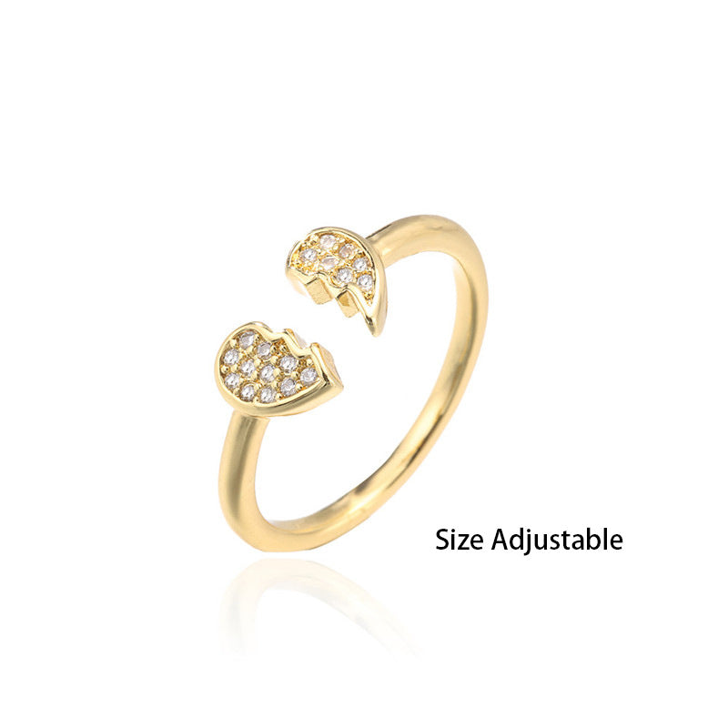 18K Gold Plated Brass Micro-inlay Cubic Zirconia Heart Ring for Women Adjustable