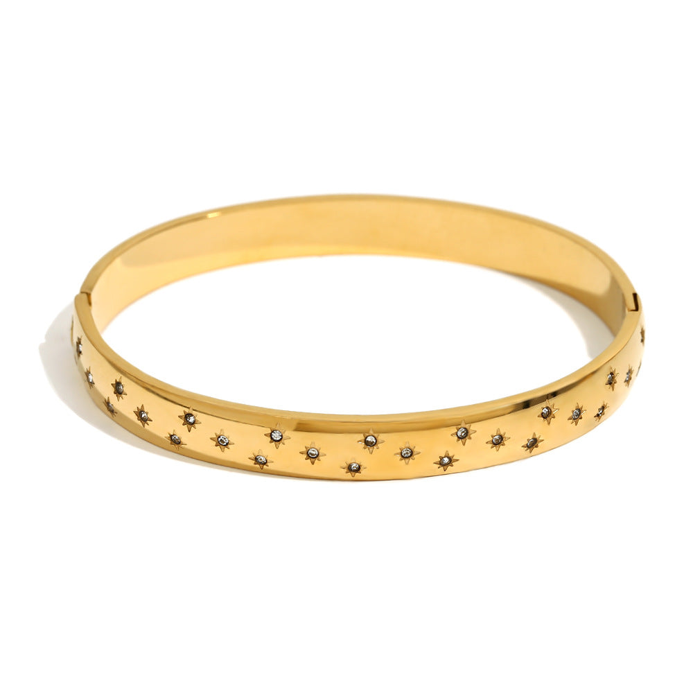 Bracciale Minimalista a Stella a Otto Punte con Punti Tondi, Base in Acciaio Inossidabile Placcato Oro 18K, con Motivi di Luna, Sole e Occhio Incorniciati con Strass Bianchi