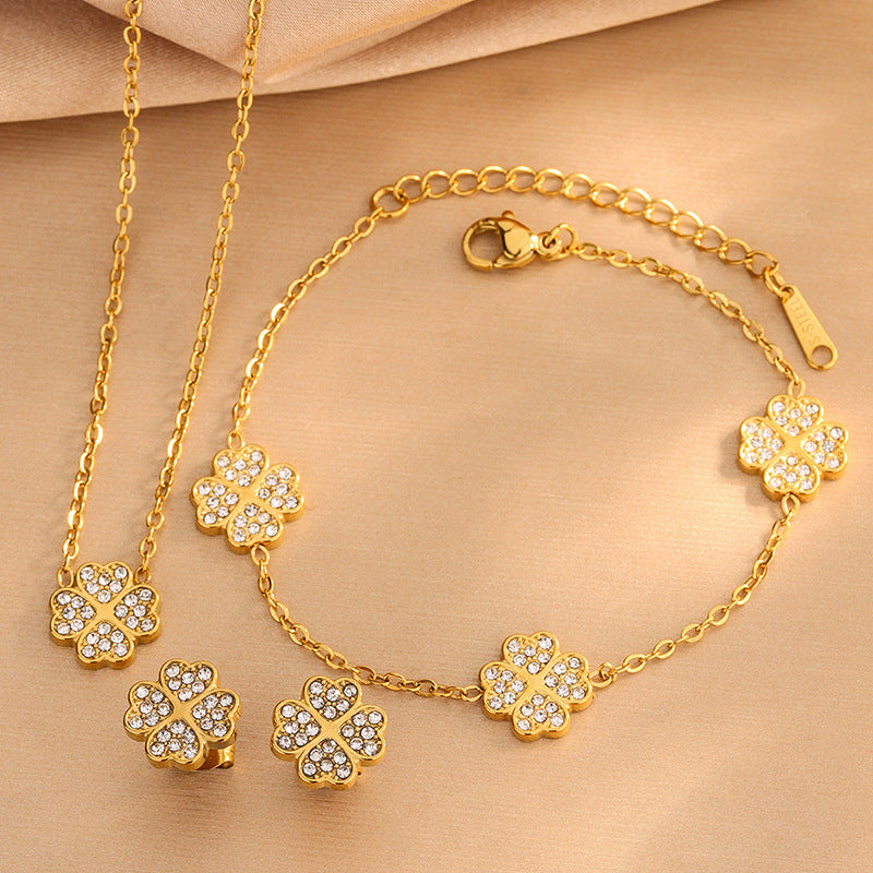 Elegant Four-Leaf Clover Rhinestone Inlay Stainless Steel Necklace Bracelet Earring Set for Women