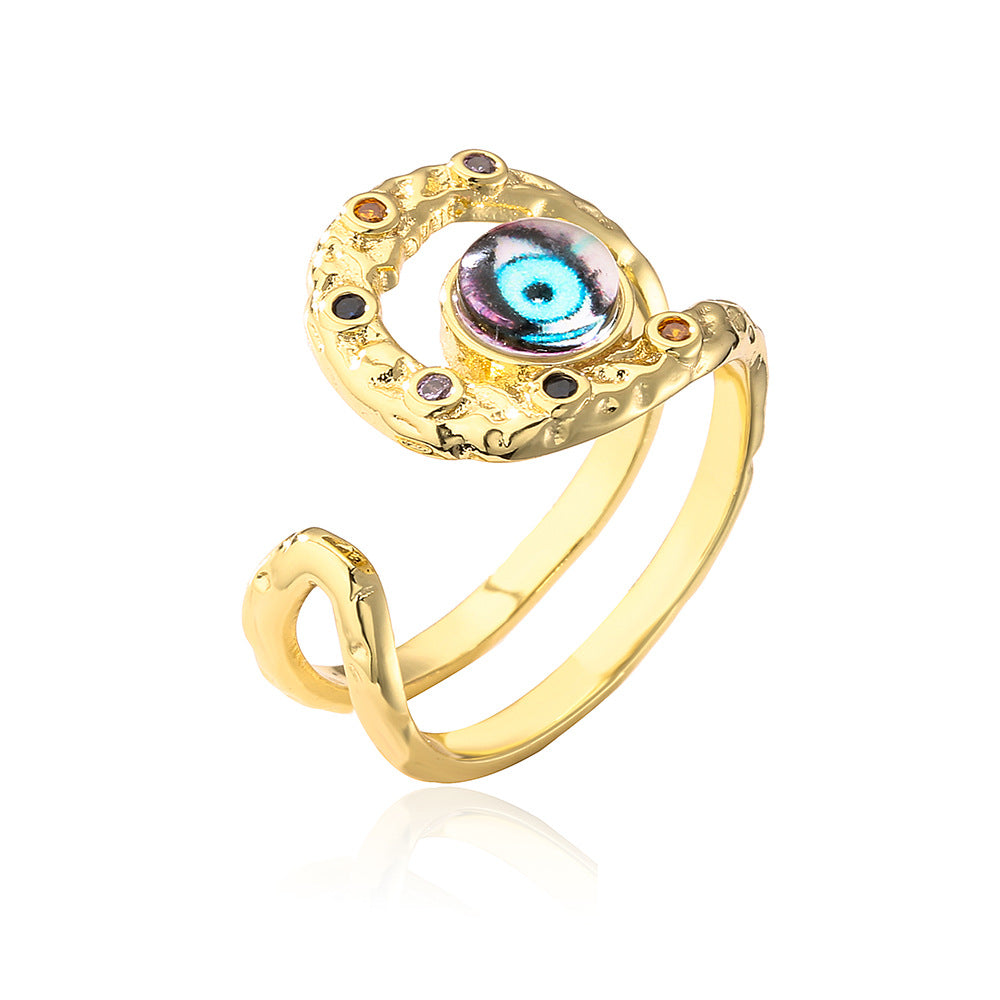 Bohemian Evil Eye Open Ring for Women in Copper with Micro-Pave Setting Geometric Design