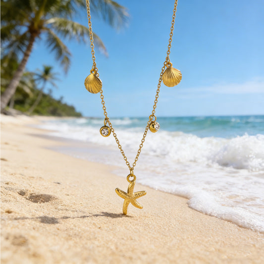 Ocean Theme Starfish Shell Stainless Steel Necklace and Bracelet Set for Women
