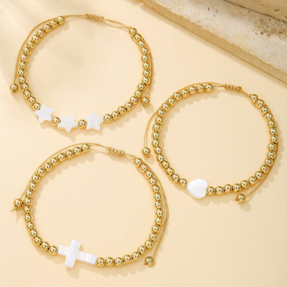 Geometric Shell and Copper Bead Adjustable Braided Friendship Bracelet for Women with Heart Star Cross Motifs