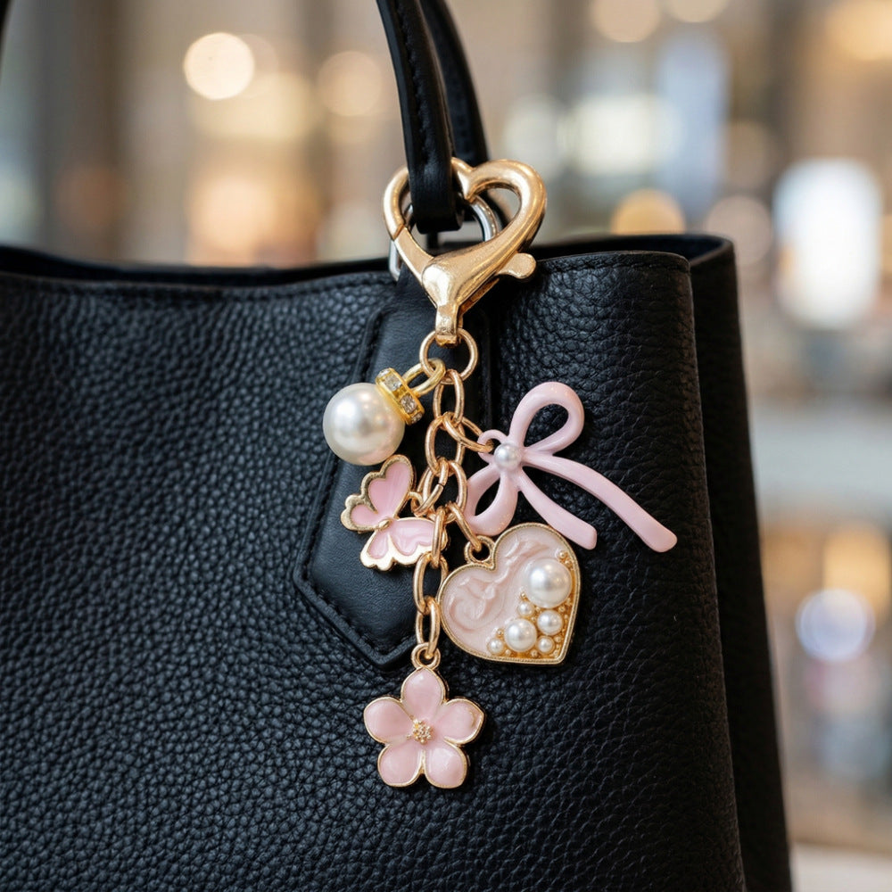 Elegant Drip Oil Flower Butterfly Heart Zinc Alloy Keychain with Pearl Inlay for Women