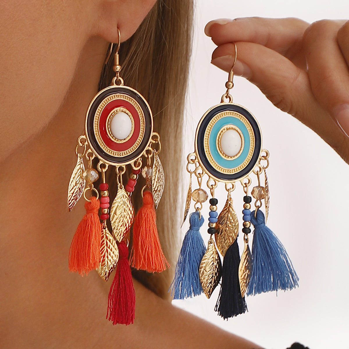 Pendientes bohemios vintage étnicos geométricos con borlas para mujer en aleación de zinc con acabado chapado