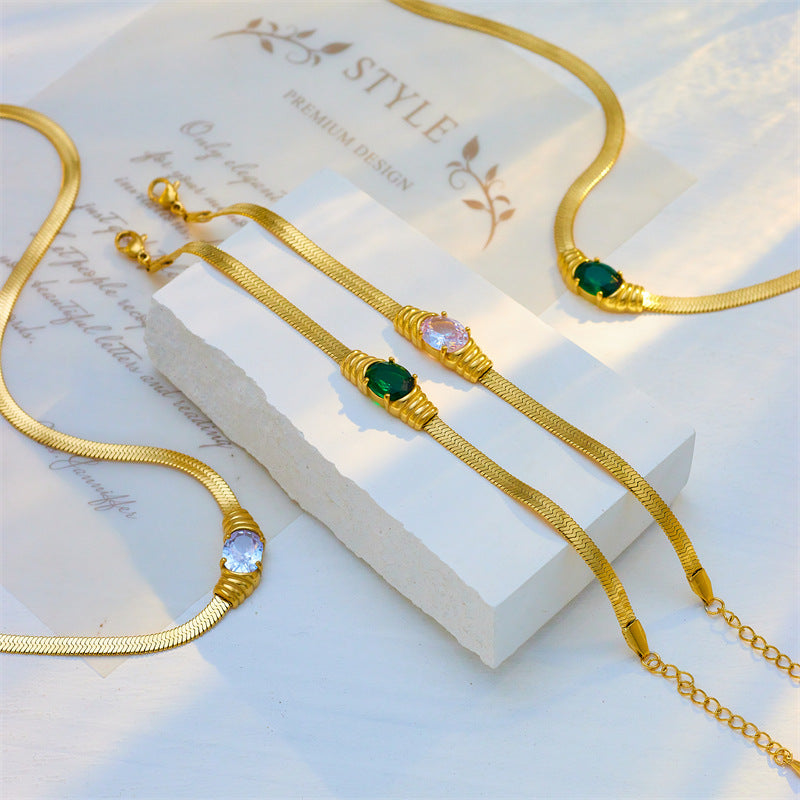 Set collana e bracciale a catena snake in acciaio inossidabile stile vintage minimalista con dettagli in strass sfaccettati