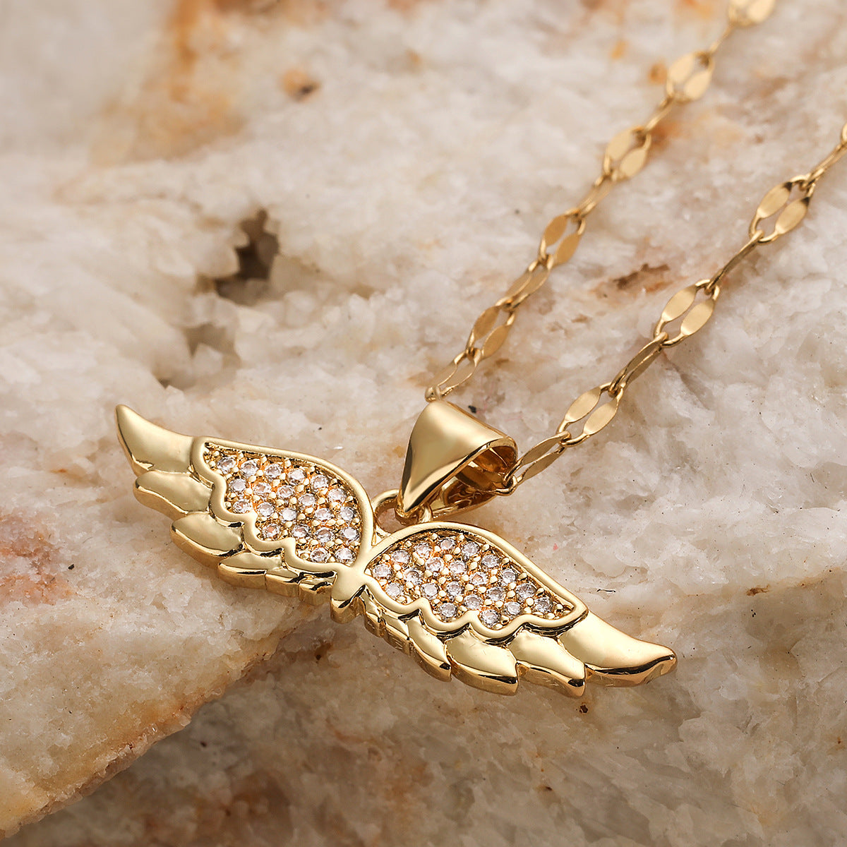 Minimalist 18K Gold Plated Brass Geometric Cubic Zirconia Inlay Angel Wing Pendant Necklace for Women