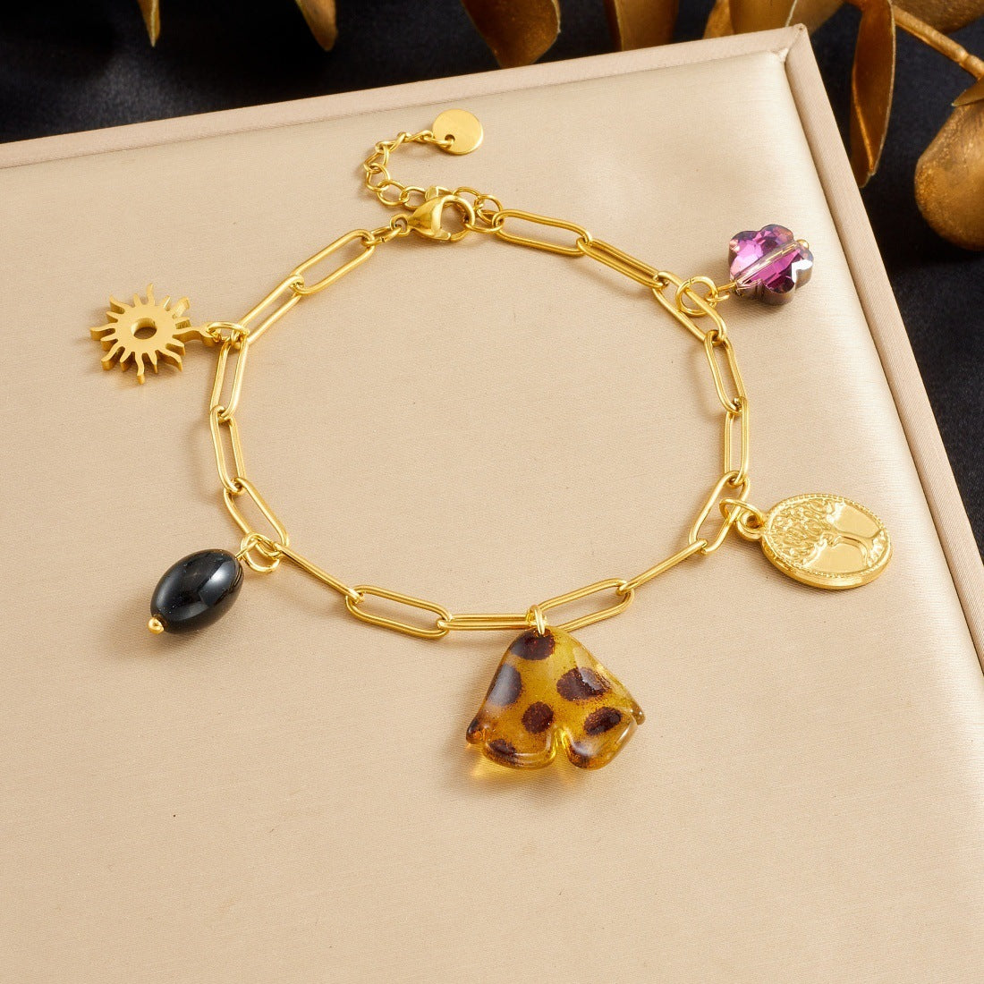 Vintage Gold Plated Stainless Steel Oval Floral Leopard Print Resin Charm Bar Bracelet