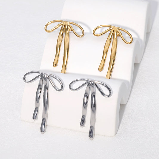 Pendientes de Acero Inoxidable con Forma de Lazo Dulce Chapados en Oro de 18K para Mujer