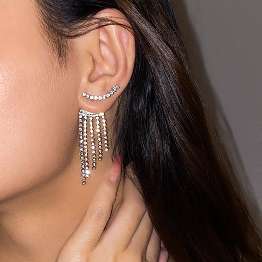 Minimalist Geometric Metal Stud Earrings for Women with Rhinestone Inlay, Long Chain Tassel Design for Party and New Year