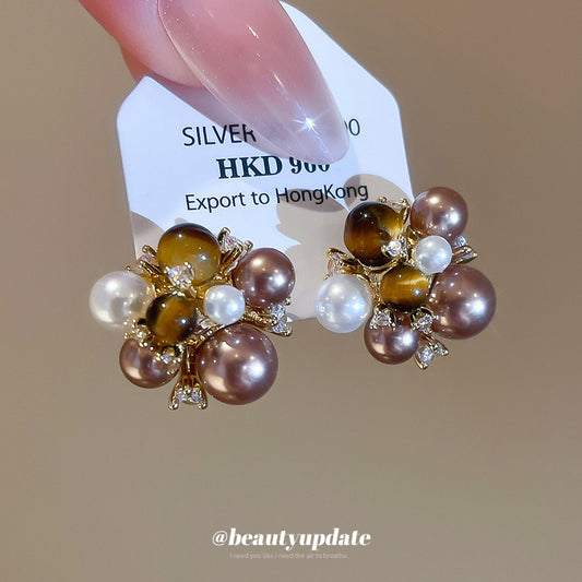 Vintage Floral Pearl-Style Earrings with Zircon Inlay and Stainless Steel Posts for Women