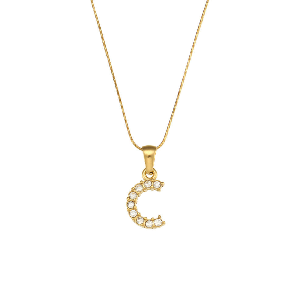 Fashion Minimalist Letter Pendant Necklace in Stainless Steel with 18K Gold Plating and Cubic Zirconia on Thin Snake Chain for Women