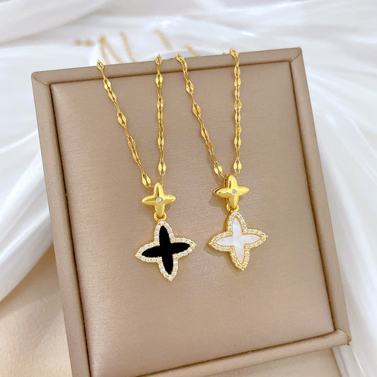 Minimalist Star and Clover Pendant Necklace in Titanium Steel with Rhinestone Accents for Women